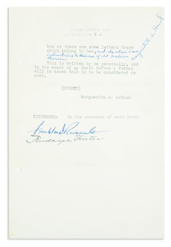 ROOSEVELT, FRANKLIN D. The last will and testament of Roosevelts private secretary Missy LeHand, signed by him as witness.